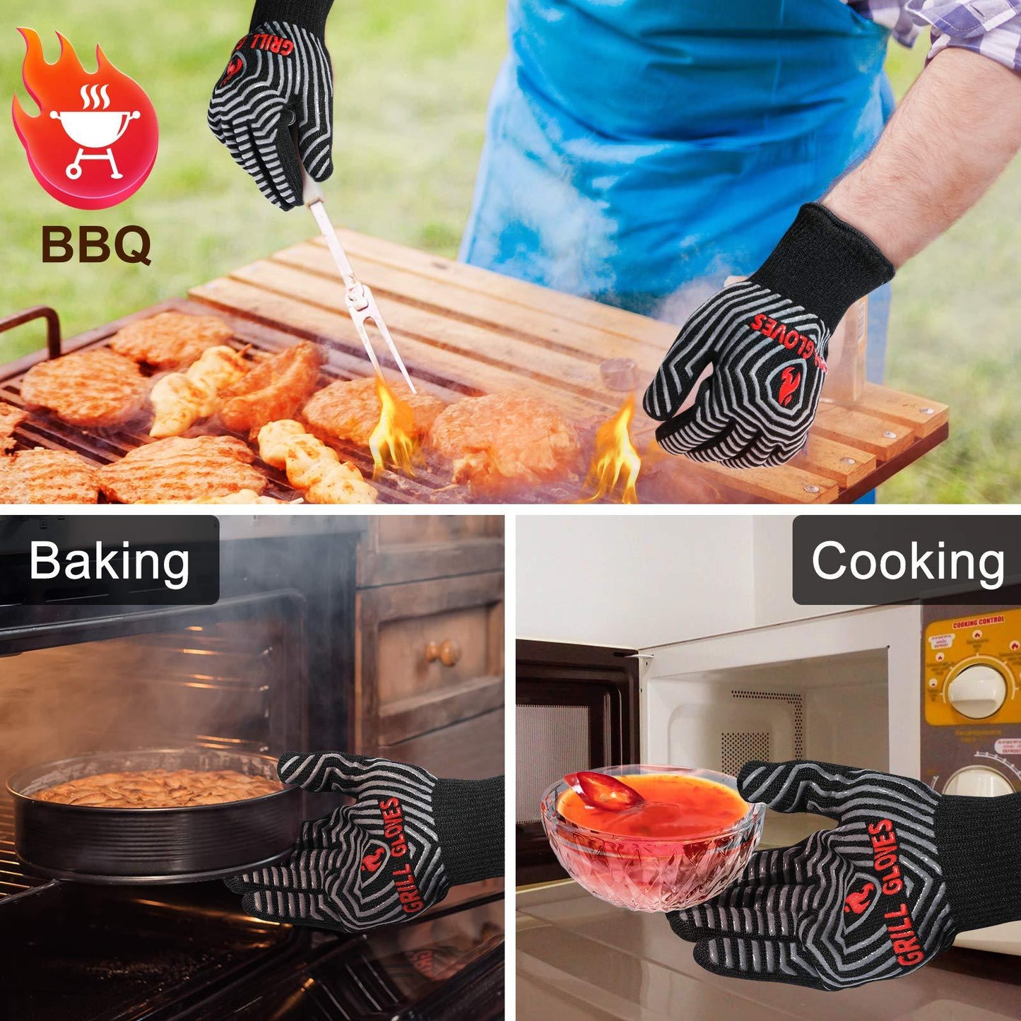 QUWIN BBQ Gloves, 1472℉ Extreme Heat Resistant, Silicone Non-Slip Oven Mitts, Kitchen Gloves for Grilling, Cooking, Baking-1 Pair… (One Size Fits Most, Black) - CookCave