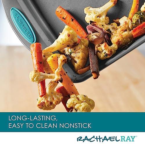 Rachael Ray Bakeware Nonstick Cookie Pan Set, 3-Piece, Gray with Agave Blue Grips - CookCave