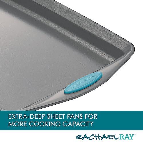 Rachael Ray Bakeware Nonstick Cookie Pan Set, 3-Piece, Gray with Agave Blue Grips - CookCave