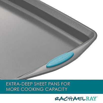 Rachael Ray Bakeware Nonstick Cookie Pan Set, 3-Piece, Gray with Agave Blue Grips - CookCave