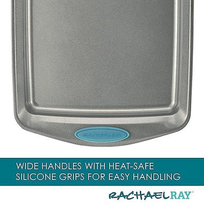 Rachael Ray Bakeware Nonstick Cookie Pan Set, 3-Piece, Gray with Agave Blue Grips - CookCave
