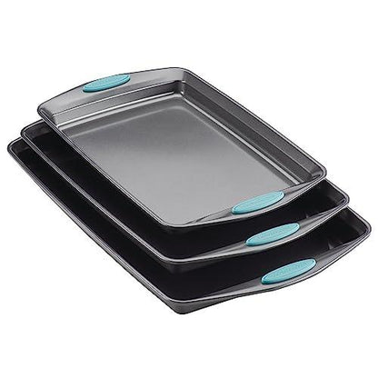 Rachael Ray Bakeware Nonstick Cookie Pan Set, 3-Piece, Gray with Agave Blue Grips - CookCave