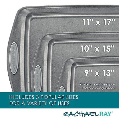 Rachael Ray Nonstick Bakeware Set with Grips, Nonstick Cookie Sheets / Baking Sheets - 3 Piece, Gray with Sea Salt Gray Grips - CookCave