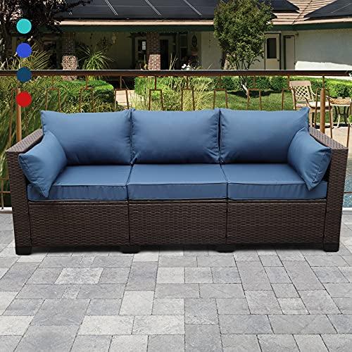 Rattaner 3-Seat Patio Wicker Sofa, Outdoor Rattan Couch Furniture Steel Frame with Furniture Cover and Deep Seat High Back, Blue Anti-Slip Cushion. - CookCave