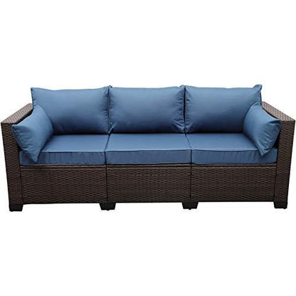 Rattaner 3-Seat Patio Wicker Sofa, Outdoor Rattan Couch Furniture Steel Frame with Furniture Cover and Deep Seat High Back, Blue Anti-Slip Cushion. - CookCave
