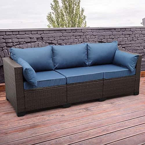 Rattaner 3-Seat Patio Wicker Sofa, Outdoor Rattan Couch Furniture Steel Frame with Furniture Cover and Deep Seat High Back, Blue Anti-Slip Cushion. - CookCave