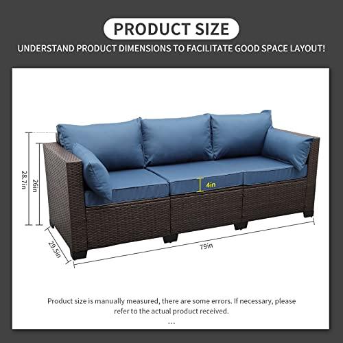 Rattaner 3-Seat Patio Wicker Sofa, Outdoor Rattan Couch Furniture Steel Frame with Furniture Cover and Deep Seat High Back, Blue Anti-Slip Cushion. - CookCave