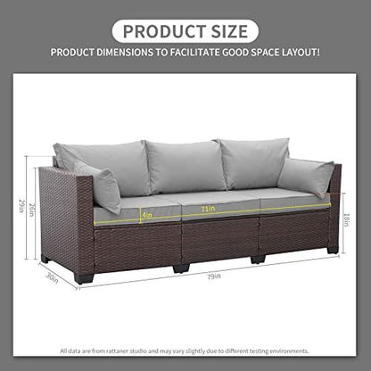 Rattaner Patio Furniture 3 Seater Sofa Outdoor Furniture Outdoor Couch Deep Seat Hight Backrest with Waterproof Cover, Grey Anti-Slip Cushions - CookCave