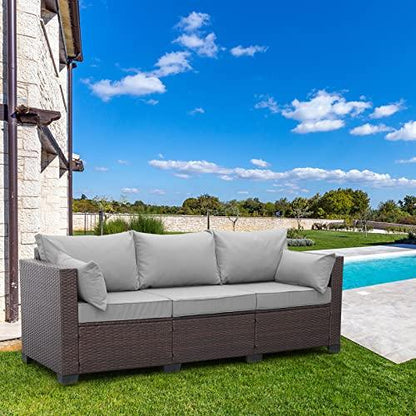 Rattaner Patio Furniture 3 Seater Sofa Outdoor Furniture Outdoor Couch Deep Seat Hight Backrest with Waterproof Cover, Grey Anti-Slip Cushions - CookCave