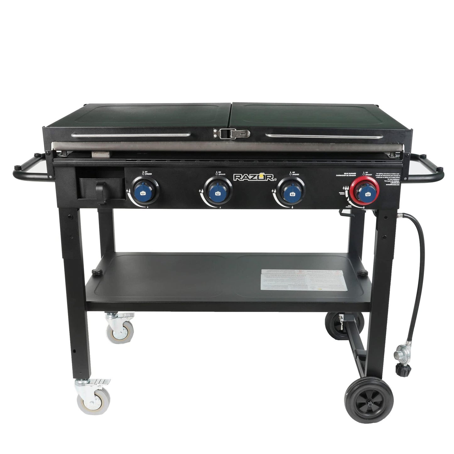 Razor Griddle 37 Inch Outdoor Steel 4 Burner Propane Gas Grill Griddle with Wheels and Top Cover Lid Folding Shelves for Home BBQ Cooking, Black - CookCave