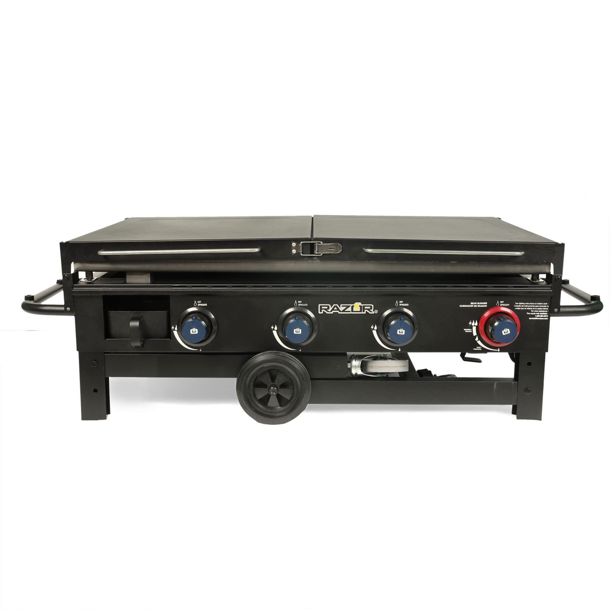 Razor Griddle 37 Inch Outdoor Steel 4 Burner Propane Gas Grill Griddle with Wheels and Top Cover Lid Folding Shelves for Home BBQ Cooking, Black - CookCave