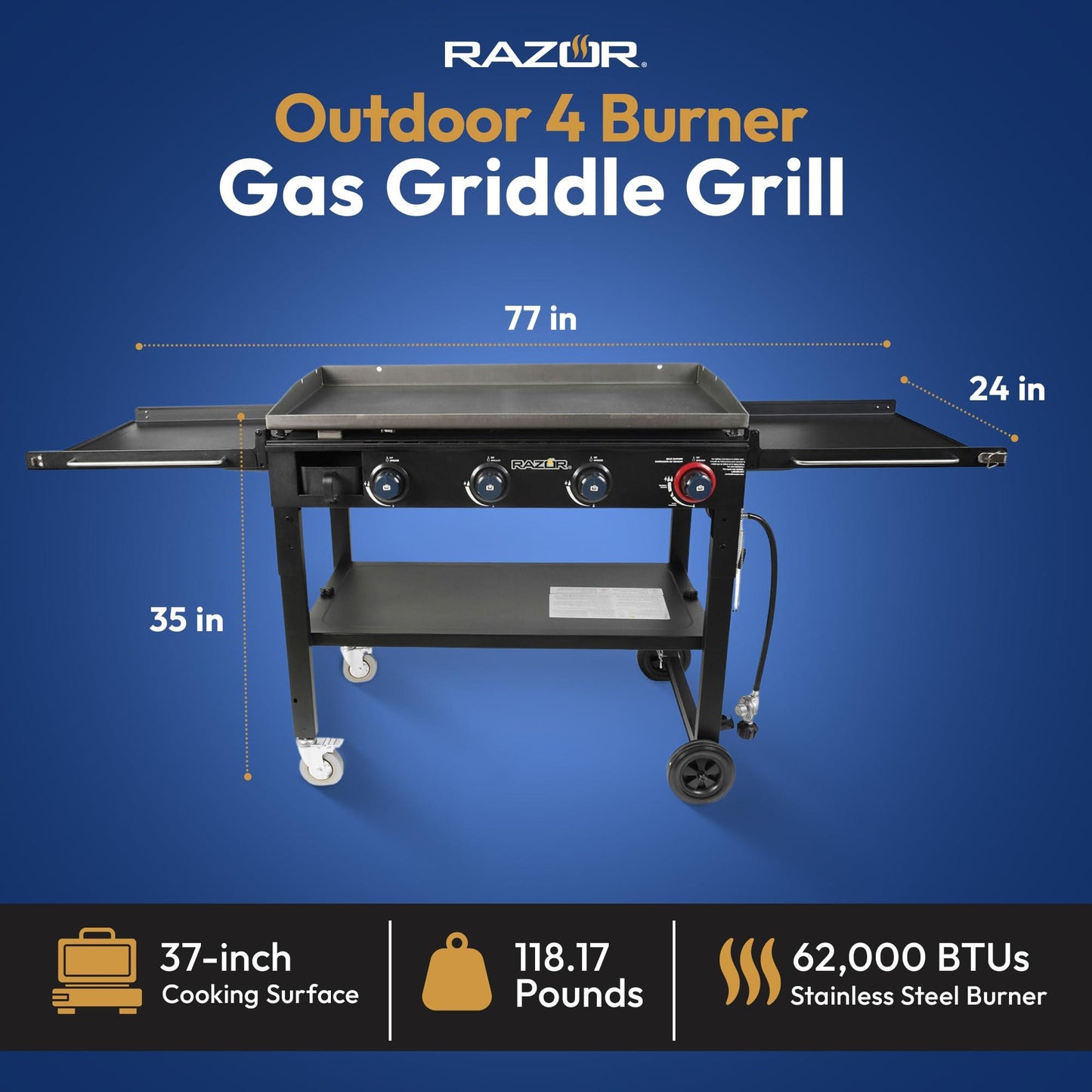 Razor Griddle 37 Inch Outdoor Steel 4 Burner Propane Gas Grill Griddle with Wheels and Top Cover Lid Folding Shelves for Home BBQ Cooking, Black - CookCave