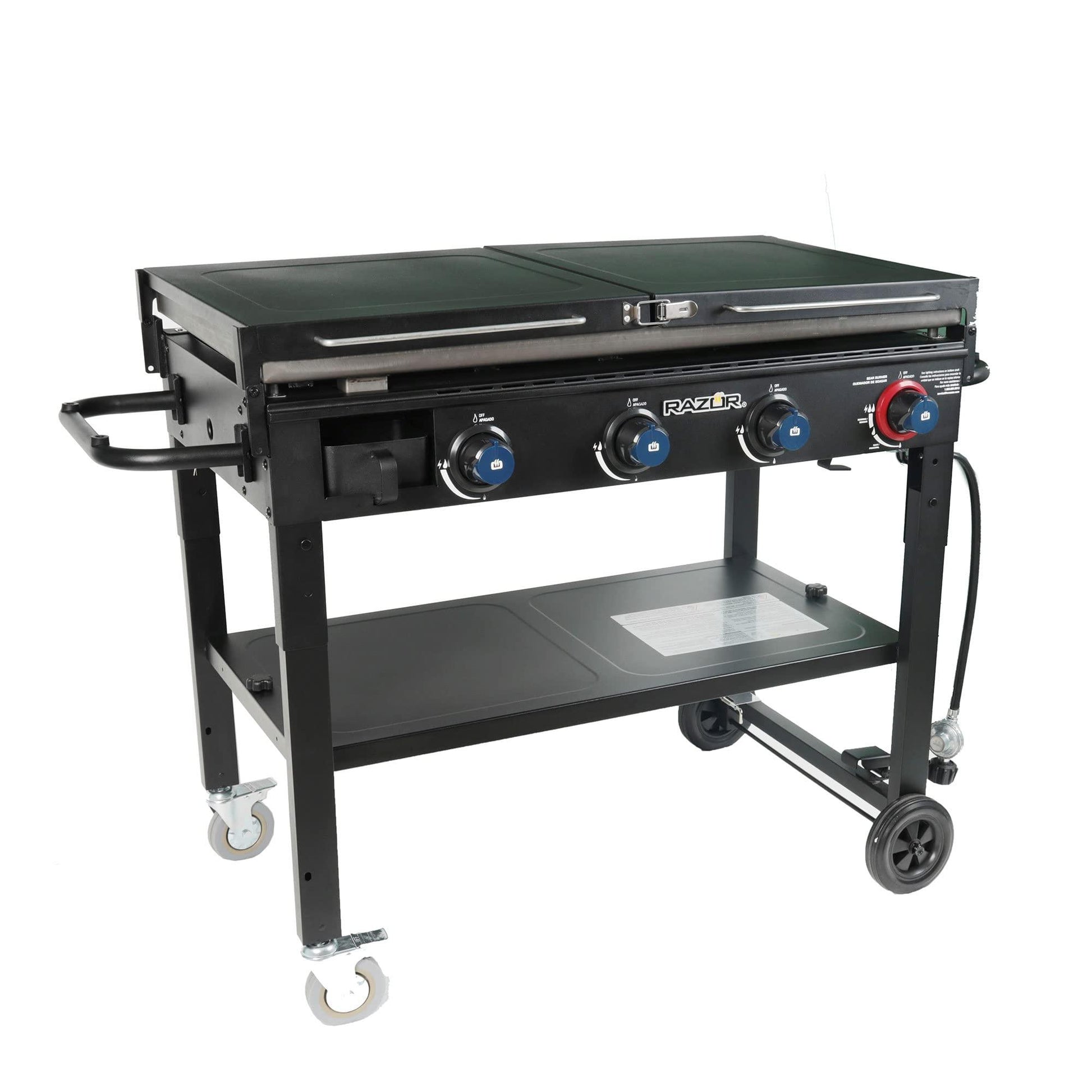 Razor Griddle 37 Inch Outdoor Steel 4 Burner Propane Gas Grill Griddle with Wheels and Top Cover Lid Folding Shelves for Home BBQ Cooking, Black - CookCave