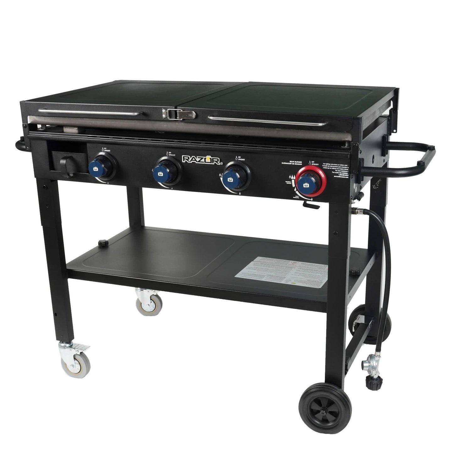Razor Griddle 37 Inch Outdoor Steel 4 Burner Propane Gas Grill Griddle with Wheels and Top Cover Lid Folding Shelves for Home BBQ Cooking, Black - CookCave