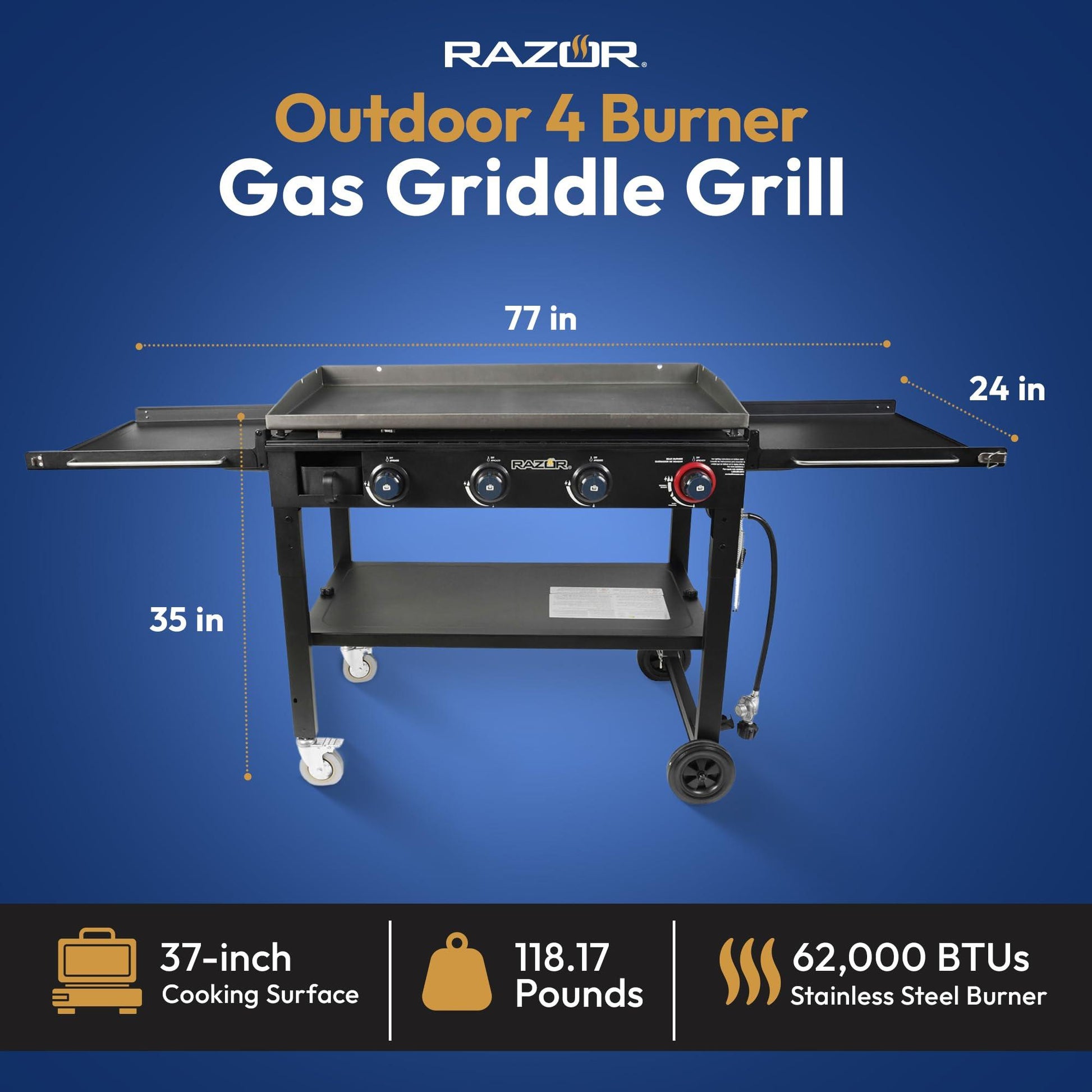 Razor Griddle 37 Inch Outdoor Steel 4 Burner Propane Gas Grill Griddle with Wheels and Top Cover Lid Folding Shelves for Home BBQ Cooking, Black - CookCave