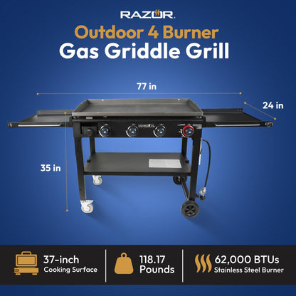 Razor Griddle 37 Inch Outdoor Steel 4 Burner Propane Gas Grill Griddle with Wheels and Top Cover Lid Folding Shelves for Home BBQ Cooking, Black - CookCave