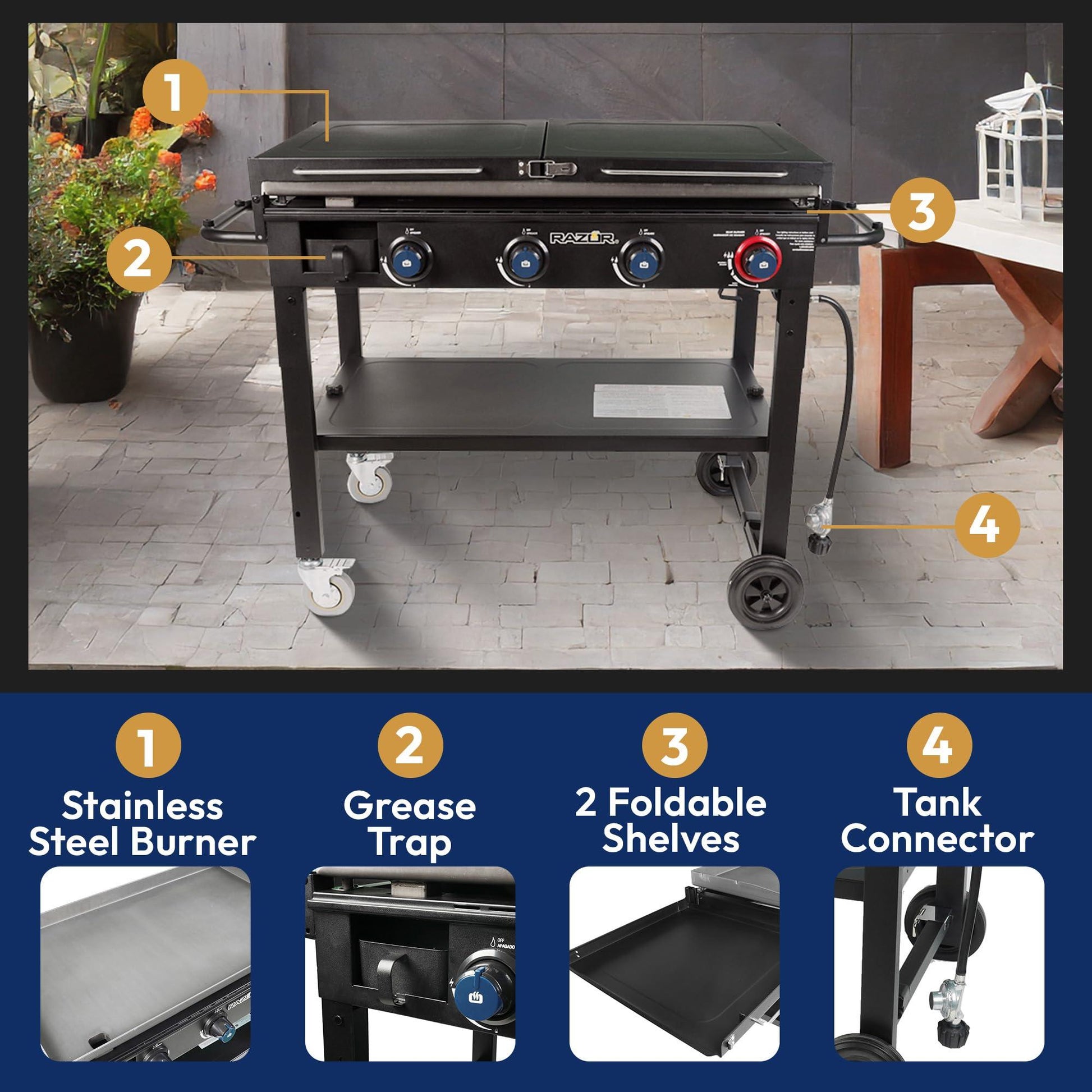 Razor Griddle 37 Inch Outdoor Steel 4 Burner Propane Gas Grill Griddle with Wheels and Top Cover Lid Folding Shelves for Home BBQ Cooking, Black - CookCave