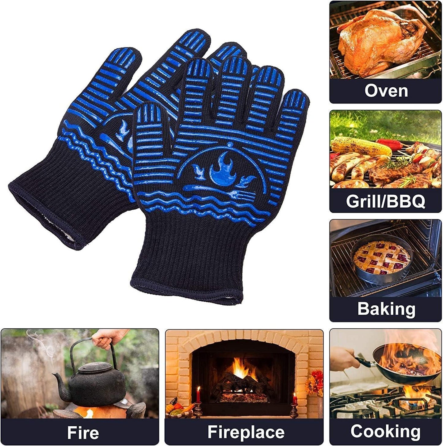 Recoty BBQ Gloves, 1472°F Extreme Heat Resistant Grill Gloves, Non-Slip Food Grade Silicone Oven Mitts Gloves for Kitchen, Cooking, Barbecue, Baking, Smoker (11inch) - CookCave