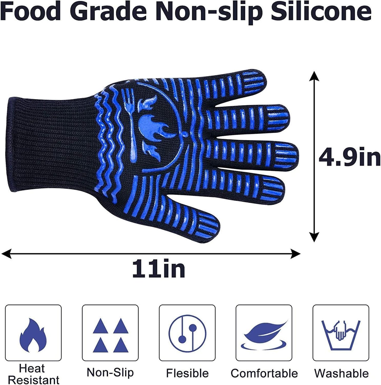 Recoty BBQ Gloves, 1472°F Extreme Heat Resistant Grill Gloves, Non-Slip Food Grade Silicone Oven Mitts Gloves for Kitchen, Cooking, Barbecue, Baking, Smoker (11inch) - CookCave