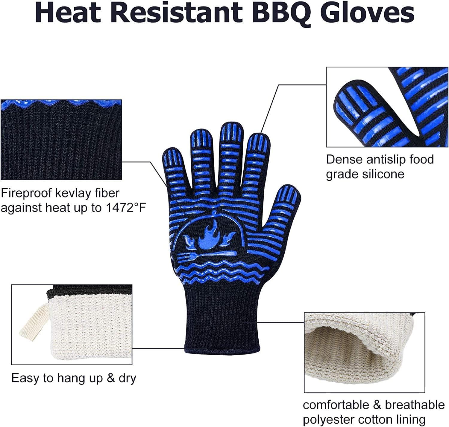 Recoty BBQ Gloves, 1472°F Extreme Heat Resistant Grill Gloves, Non-Slip Food Grade Silicone Oven Mitts Gloves for Kitchen, Cooking, Barbecue, Baking, Smoker (11inch) - CookCave