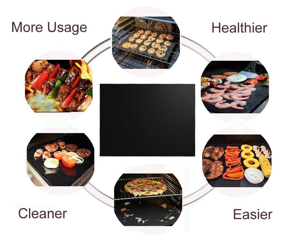 RENOOK Grill Mat Set of 6 - 100% Non-Stick Reusable Mats for Gas, Charcoal or Electric Grills - Easy to Clean - 15.75 x 13-Inch, Black - CookCave