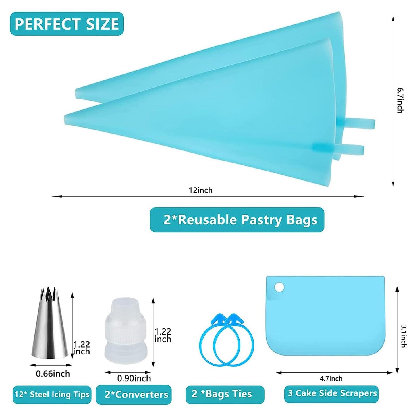 Reusable Piping Bag and Tip Set - Decorating Supplies with 2 Bags, 12 Tips, 2 Rings, 2 Couplers, 3 Scrapers - Cake Baking Tools for Icing Cookies Cupcakes - CookCave