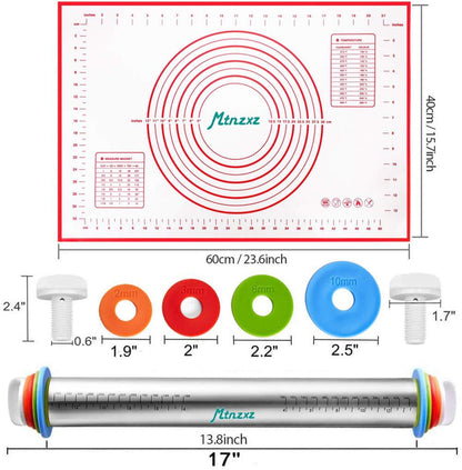 Rolling Pin and Silicone Baking Pastry Mat Set, Stainless Steel Dough Roller with Adjustable Thickness Rings, for Pizza, Pie, Pastries, Pasta, Cookies - CookCave