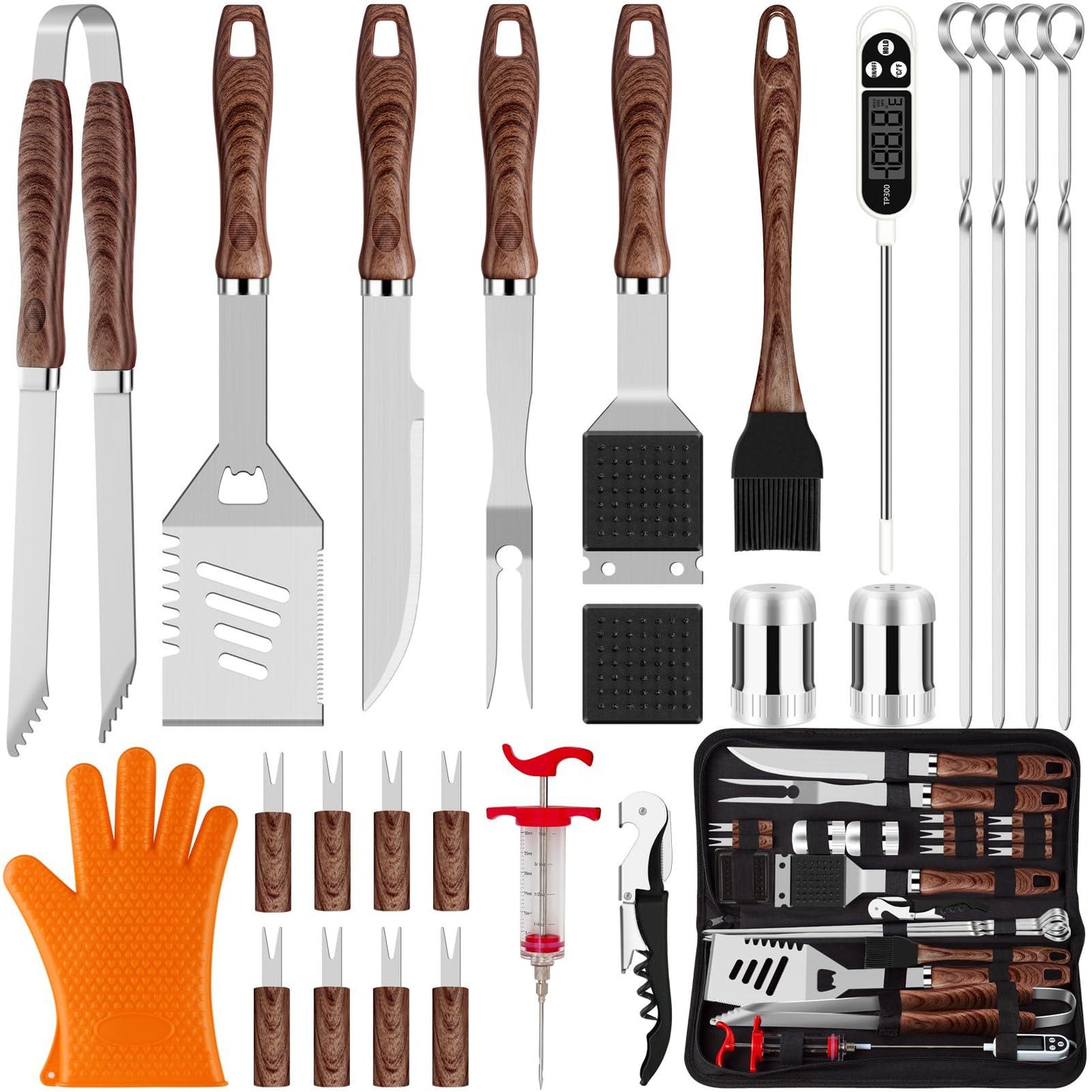ROMANTICIST 26pcs Grilling Accessories Kit for Men Women, Stainless Steel Heavy Duty BBQ Tools with Glove and Corkscrew, Grill Utensils Set in Portable Canvas Bag for Outdoor,Camping,Backyard,Brown - CookCave