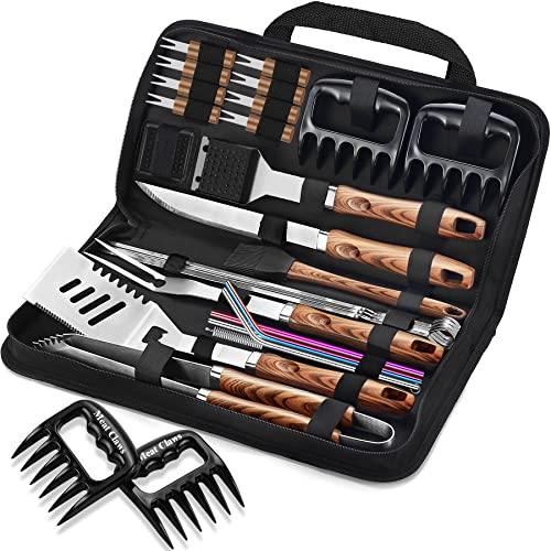 ROMANTICIST 27pcs Heavy Duty BBQ Tools Gift Set for Men Dad, Extra Thick Stainless Steel Grill Utensils with Meat Claws, Grilling Accessories Kit in Portable Carrying Bag for Camping, Backyard Brown - CookCave