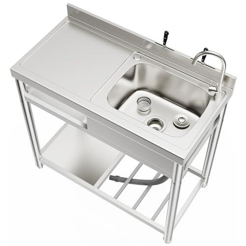 ROOMTEC Free Standing Commercial Restaurant Kitchen Sink, Stainless Steel Single Bowl Utility Sink Set, Outdoor Sink with Workbench & Storage Shelve, Laundry Sink with Hot and Cold Water Pipes - CookCave