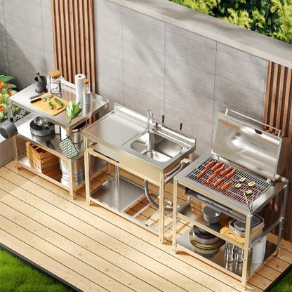 ROOMTEC Free Standing Commercial Restaurant Kitchen Sink, Stainless Steel Single Bowl Utility Sink Set, Outdoor Sink with Workbench & Storage Shelve, Laundry Sink with Hot and Cold Water Pipes - CookCave