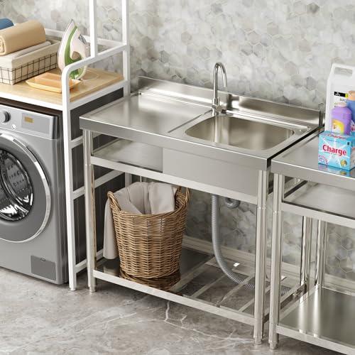 ROOMTEC Free Standing Commercial Restaurant Kitchen Sink, Stainless Steel Single Bowl Utility Sink Set, Outdoor Sink with Workbench & Storage Shelve, Laundry Sink with Hot and Cold Water Pipes - CookCave
