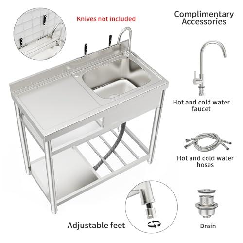 ROOMTEC Free Standing Commercial Restaurant Kitchen Sink, Stainless Steel Single Bowl Utility Sink Set, Outdoor Sink with Workbench & Storage Shelve, Laundry Sink with Hot and Cold Water Pipes - CookCave