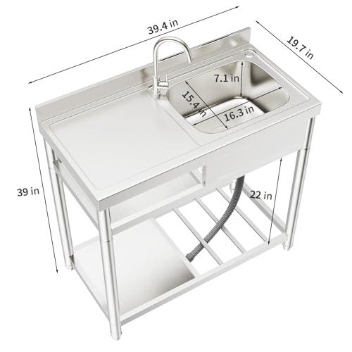 ROOMTEC Free Standing Commercial Restaurant Kitchen Sink, Stainless Steel Single Bowl Utility Sink Set, Outdoor Sink with Workbench & Storage Shelve, Laundry Sink with Hot and Cold Water Pipes - CookCave