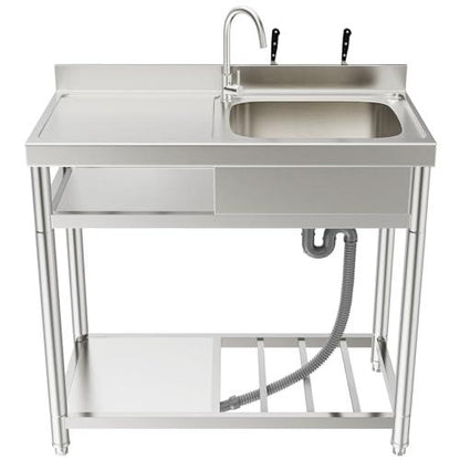 ROOMTEC Free Standing Commercial Restaurant Kitchen Sink, Stainless Steel Single Bowl Utility Sink Set, Outdoor Sink with Workbench & Storage Shelve, Laundry Sink with Hot and Cold Water Pipes - CookCave