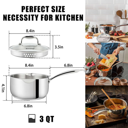Rorence 3-Quart Saucepan with Lid: Pour and Strain Stainless Steel Sauce Pan with Pour Spouts, Capsule Bottom & Tempered Glass Lid - CookCave