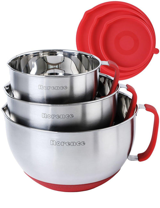 Rorence Mixing Bowls with Lids Set: Stainless Steel Mixing Bowls with Handles, Non-Slip Bottom & Pour Spout - Red, 3 quarts - CookCave