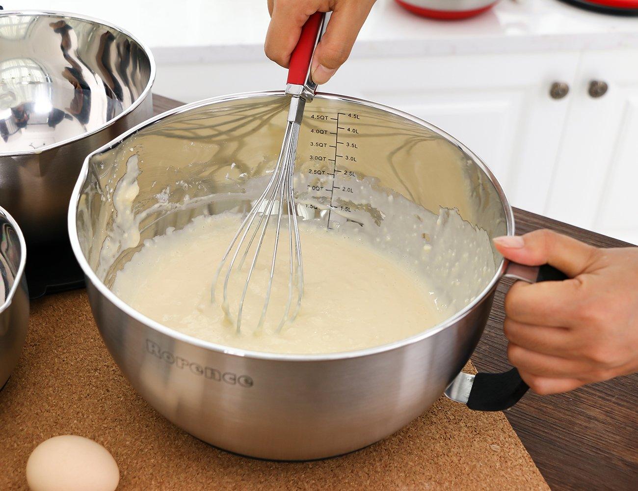 Rorence Mixing Bowls with Lids Set: Stainless Steel Mixing Bowls with Handles, Non-Slip Bottom & Pour Spout - Red, 3 quarts - CookCave