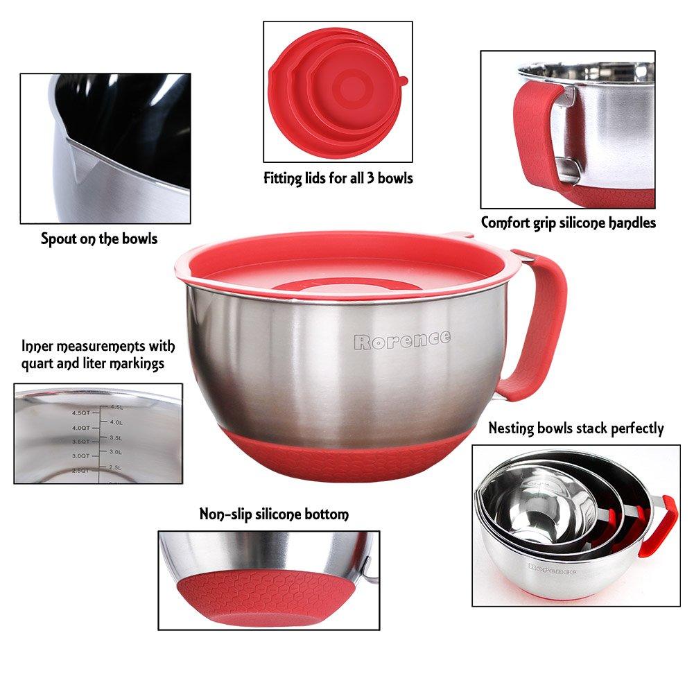 Rorence Mixing Bowls with Lids Set: Stainless Steel Mixing Bowls with Handles, Non-Slip Bottom & Pour Spout - Red, 3 quarts - CookCave