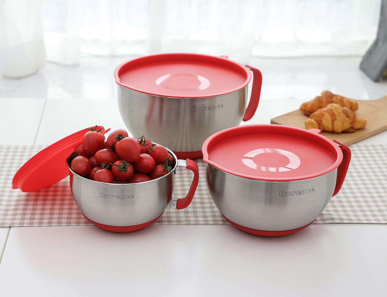 Rorence Mixing Bowls with Lids Set: Stainless Steel Mixing Bowls with Handles, Non-Slip Bottom & Pour Spout - Red, 3 quarts - CookCave