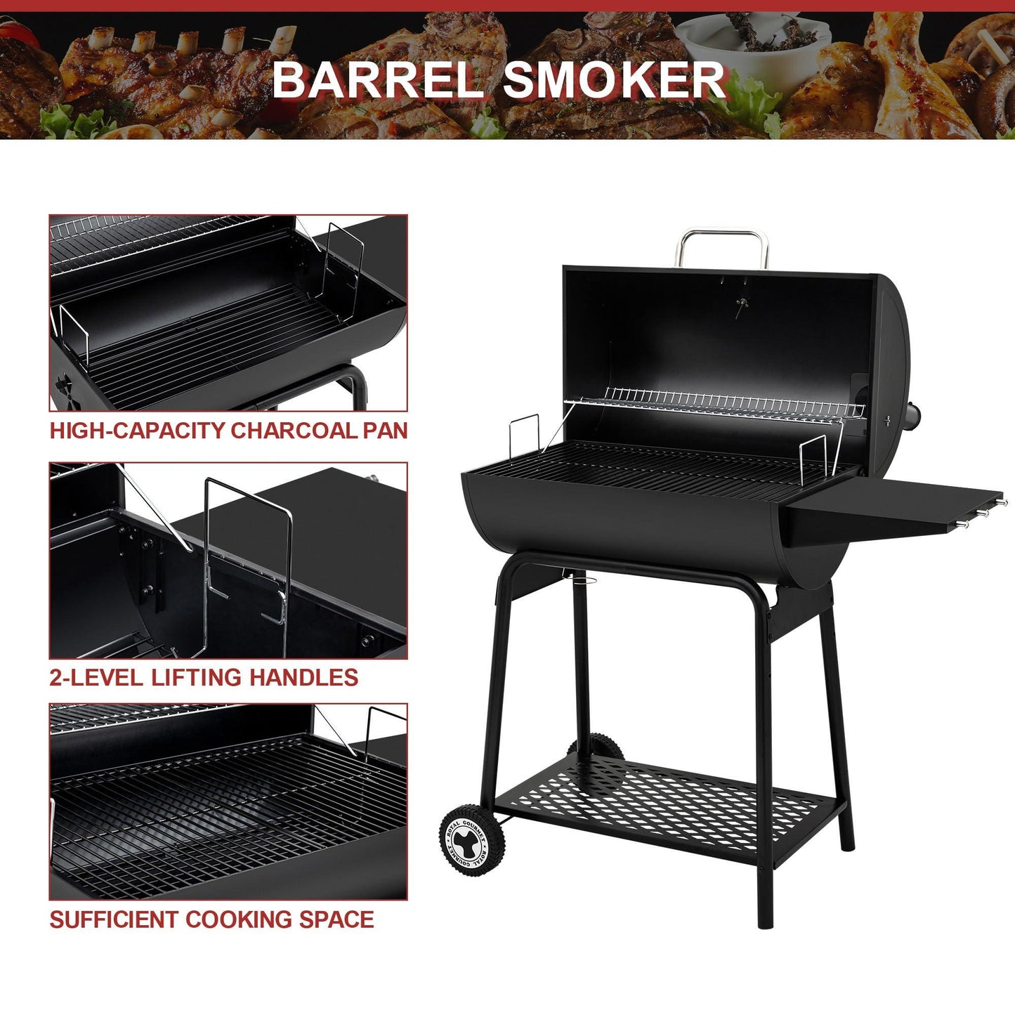 Royal Gourmet CC1830 30 Barrel Charcoal Grill with Side Table, 627 Square Inches, Outdoor Backyard, Patio and Parties, Black - CookCave