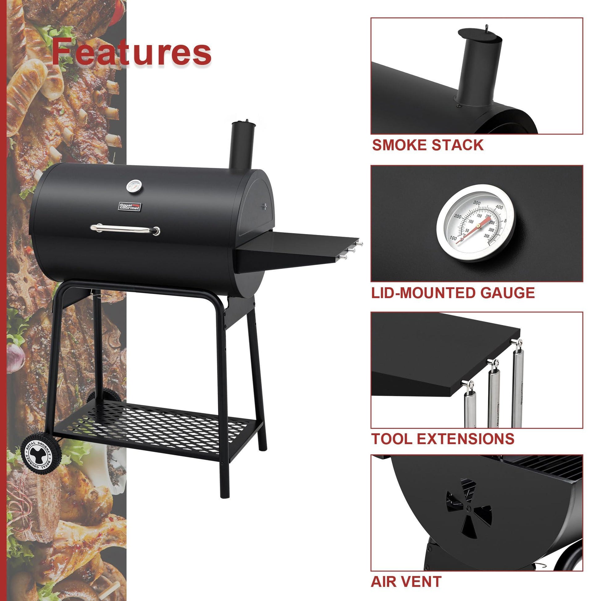 Royal Gourmet CC1830 30 Barrel Charcoal Grill with Side Table, 627 Square Inches, Outdoor Backyard, Patio and Parties, Black - CookCave