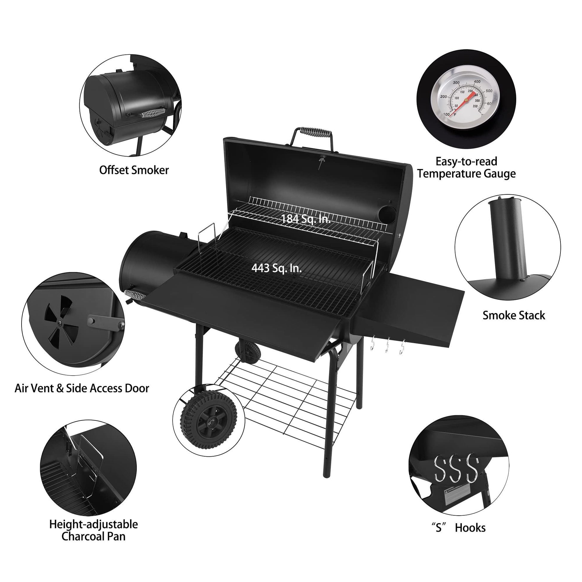 Royal Gourmet CC1830S 30" BBQ Charcoal Grill and Offset Smoker | 811 Square Inch cooking surface, Outdoor for Camping | Black - CookCave