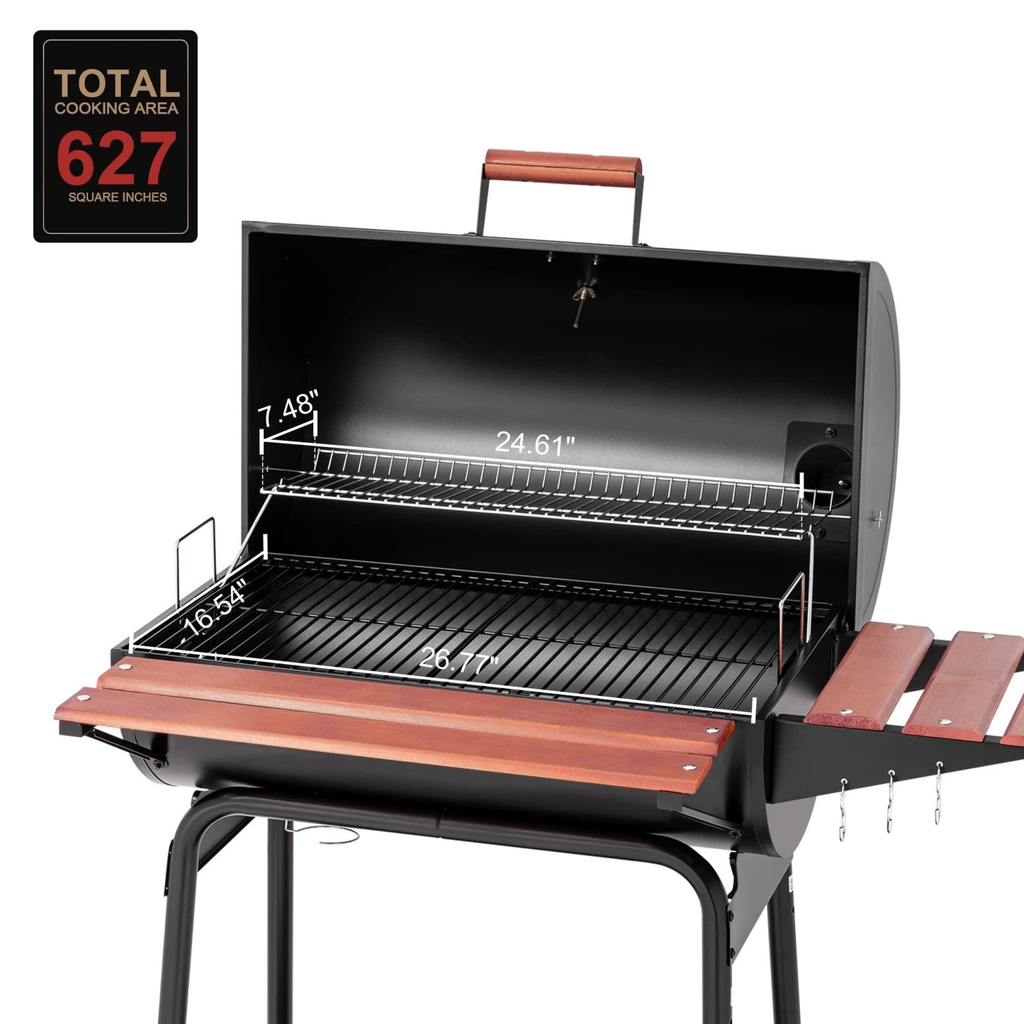 Royal Gourmet CC1830V 30 Barrel Charcoal Grill with Wood-Painted Side Front Table, 627 Square Inches Cooking Space, for Outdoor Backyard, Patio and Parties, Black - CookCave
