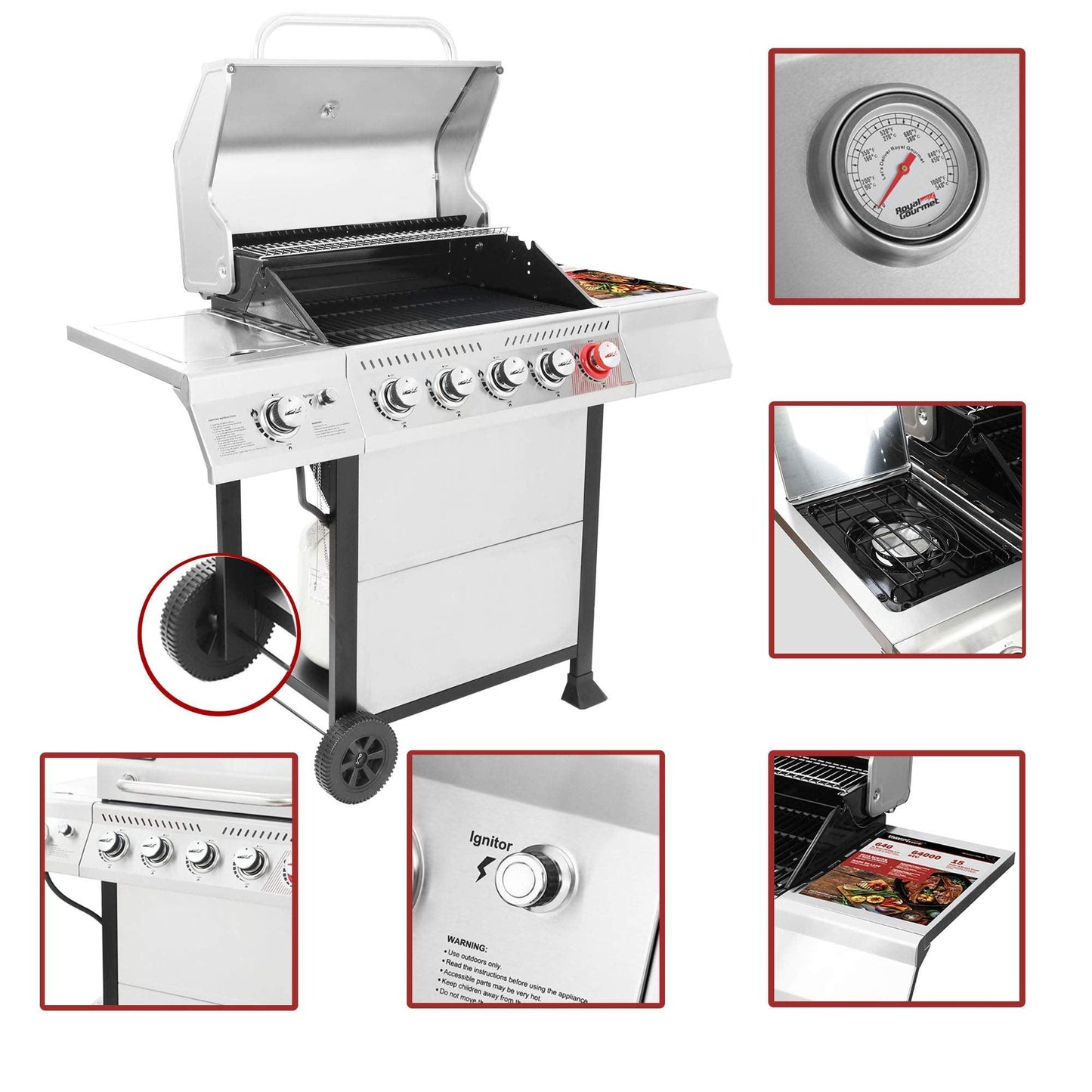 Royal Gourmet GA5401T 5-Burner BBQ Propane Grill with Sear Burner and Side Burner, Stainless Steel Barbecue Gas Grill for Outdoor Patio Garden Picnic Backyard Cooking, 64,000 BTU, Silver - CookCave