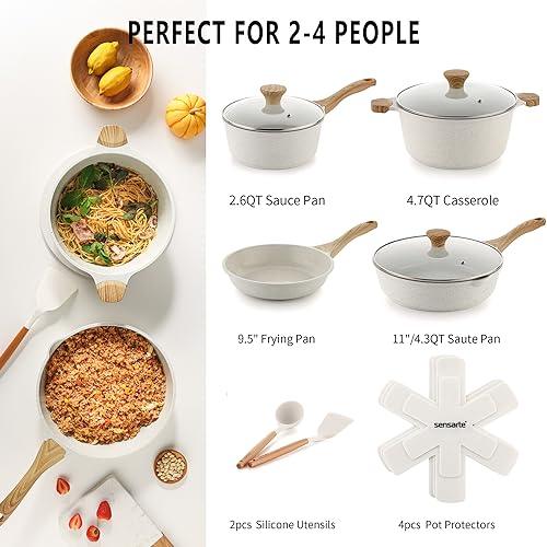 SENSARTE Nonstick Ceramic Cookware Set 13-Piece, Healthy Pots and Pans Set, Non-toxic Kitchen Cooking Set with Stay-Cool Handles, Silicone Tools and Pot Protectors, PFAS and PFOA Free - CookCave