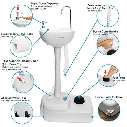 SereneLife Portable Camping Sink w/Towel Holder & Soap Dispenser-19L Water Capacity Hand Wash Basin Stand w/Rolling Wheels-for Outdoor Events, Gatherings, Worksite & Camping- SLCASN18, Standard, White - CookCave