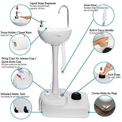 SereneLife Portable Camping Sink w/Towel Holder & Soap Dispenser-19L Water Capacity Hand Wash Basin Stand w/Rolling Wheels-for Outdoor Events, Gatherings, Worksite & Camping- SLCASN18, Standard, White - CookCave
