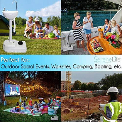 SereneLife Portable Camping Sink w/Towel Holder & Soap Dispenser-19L Water Capacity Hand Wash Basin Stand w/Rolling Wheels-for Outdoor Events, Gatherings, Worksite & Camping- SLCASN18, Standard, White - CookCave