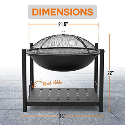 SereneLife Portable Outdoor Wood Fire Pit - 2-in-1 Steel BBQ Grill 26" Wood Burning Fire Pit Bowl w/ Mesh Spark Screen, Cover Log Grate, Wood Fire Poker for Camping, Picnic, Bonfire - SLCARFP54 - CookCave